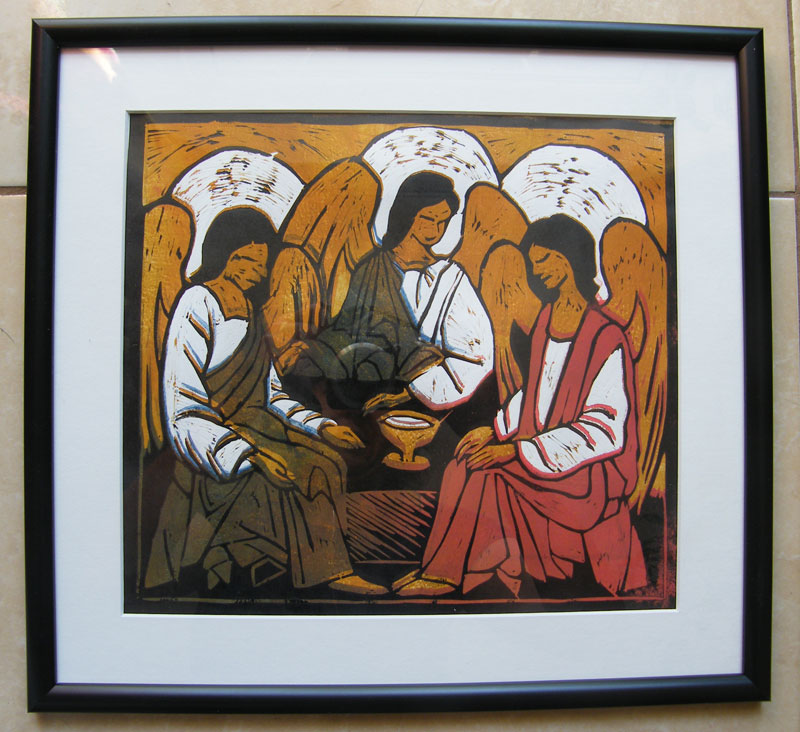 linoryt kolorowy 3 anioły religijny małgorzata jaskłowska